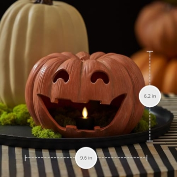 Luminara Orange Jack-o'-Lantern Pumpkin Tealight Holder (10" x 6.75") Dry Brush Resin Halloween Decorations for Holiday Party Home