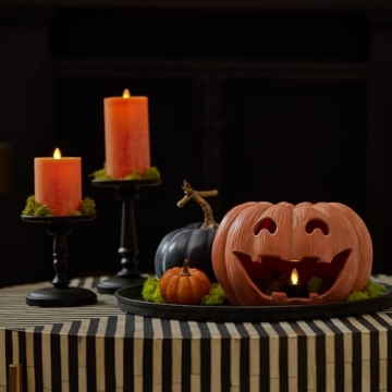 Luminara Orange Jack-o'-Lantern Pumpkin Tealight Holder (10" x 6.75") Dry Brush Resin Halloween Decorations for Holiday Party Home