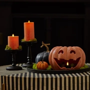 Luminara Orange Jack-o'-Lantern Pumpkin Tealight Holder (10" x 6.75") Dry Brush Resin Halloween Decorations for Holiday Party Home