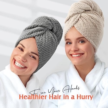 YFONG 2 Pack Microfiber Hair Towel Wrap for Women, Super Absorbent Quick Dry Hair Turban for All Hair Style Anti Frizz, Large Hair Drying Towel with Button