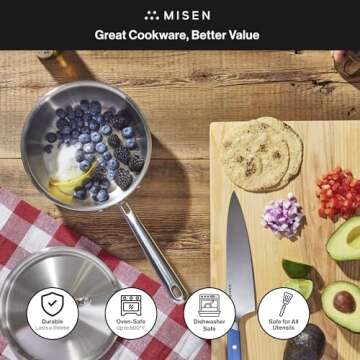 Misen Premium Saucier Pan with Lid & Stay Cool Handle - 5-Ply Stainless Steel Cookware - Gas, Electric & Induction Cooking, Thick Bottom, Heats Evenly - 3 Quarts