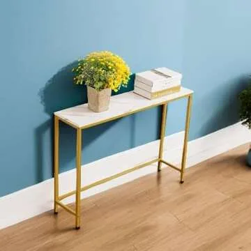 loglus Console Table for Entryway, Faux Marble MDF Sofa Table with Golden Frame (Single Layer, White Marble)