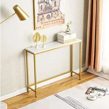 loglus Console Table for Entryway, Faux Marble MDF Sofa Table with Golden Frame (Single Layer, White Marble)
