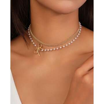 Sylph 14K Gold Dainty Layered butterfly necklaces Pearl Necklace Pendant as Gift Freshwater Natural Pearl Necklace Simple Chain Necklace Jewelry Gifts Vintage Pearl Choker for Women Wedding Anniversary