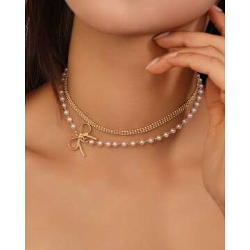 Sylph 14K Gold Dainty Layered butterfly necklaces Pearl Necklace Pendant as Gift Freshwater Natural Pearl Necklace Simple Chain Necklace Jewelry Gifts Vintage Pearl Choker for Women Wedding Anniversary