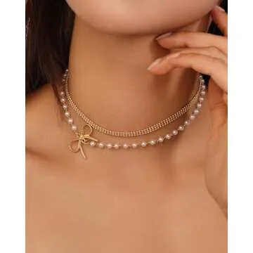 Sylph 14K Gold Dainty Layered butterfly necklaces Pearl Necklace Pendant as Gift Freshwater Natural Pearl Necklace Simple Chain Necklace Jewelry Gifts Vintage Pearl Choker for Women Wedding Anniversary