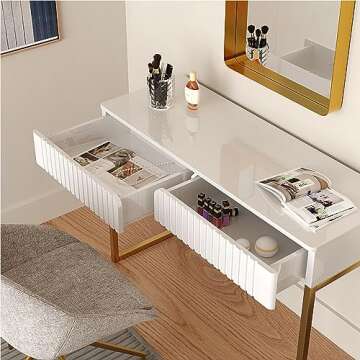 Tamworth Design Elegant Modern Desk, 2 Drawers, Gold Legs, 43.3x15.75 inches, Home Office, Makeup Va...
