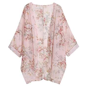 olrain Women's Floral Print Sheer Chiffon 3/4 Bat Sleeve Casual Loose Kimono Cardigan Capes (X-Large...