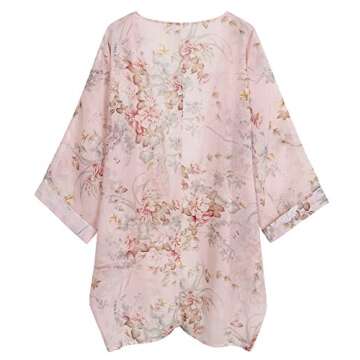 olrain Women's Floral Print Sheer Chiffon 3/4 Bat Sleeve Casual Loose Kimono Cardigan Capes (X-Large, Light Pink2)