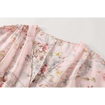 olrain Women's Floral Print Sheer Chiffon 3/4 Bat Sleeve Casual Loose Kimono Cardigan Capes (X-Large, Light Pink2)