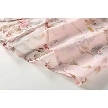 olrain Women's Floral Print Sheer Chiffon 3/4 Bat Sleeve Casual Loose Kimono Cardigan Capes (X-Large, Light Pink2)