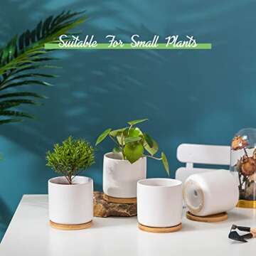 TAMAYKIM 4 Inch White Ceramic Plant Pots with Drainage Holes, Adorable Flower Planter Pot with Tray ...