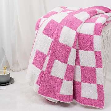 Carriediosa Checkered Throw Blanket 108" X 90" King, 400GSM Ultra Soft Microfiber Fuzzy Fluffy Reversible Cute Preppy Knitted Blankets Cozy Plush Fall Throws for Couch, Bed, Sofa, Hot Pink