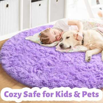 Purple Round Rug for Girls Bedroom,Fluffy Circle Rug 4'X4' for Kids Room,Furry Carpet for Teen's Room,Shaggy Circular Rug for Nursery,Fuzzy Plush Rug for Dorm,Purple Carpet,Cute Room Decor for Baby