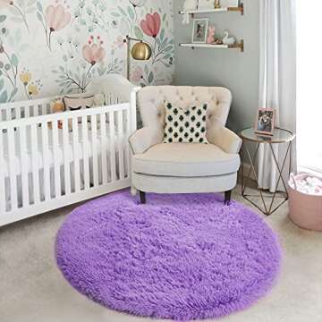 Purple Round Rug for Girls Bedroom,Fluffy Circle Rug 4'X4' for Kids Room,Furry Carpet for Teen's Room,Shaggy Circular Rug for Nursery,Fuzzy Plush Rug for Dorm,Purple Carpet,Cute Room Decor for Baby