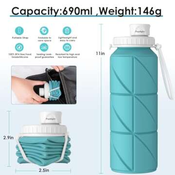 Popdigito 23oz Collapsible Silicone Water Bottle, BPA Free, Portable for Hiking, Travel, Camping, Yo...