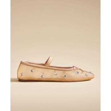 JORISTIMO Crystal Mesh Ballet Flats Stretch Band Snip Toe Ballerinas Flats Mary Jane Nude