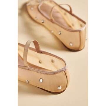JORISTIMO Crystal Mesh Ballet Flats Stretch Band Snip Toe Ballerinas Flats Mary Jane Nude