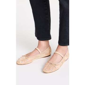 JORISTIMO Crystal Mesh Ballet Flats Stretch Band Snip Toe Ballerinas Flats Mary Jane Nude