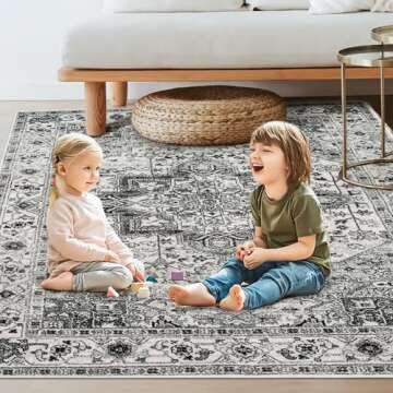VFROO Area Rug 5x7 Living Room Rug Grey Vintage Washable Rug,Soft Non Slip Rug Low Pile Boho Printed Carpet, Retro Rug for Bedroom Dining Room Indoor