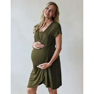 Ekouaer Nursing Nightgown 3 In 1 Maternity Nightgown Short Sleeve Nursing Gown Breasfeeding Sleepwear Delivery Dress Army Green