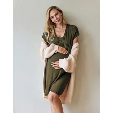 Ekouaer Nursing Nightgown 3 In 1 Maternity Nightgown Short Sleeve Nursing Gown Breasfeeding Sleepwear Delivery Dress Army Green