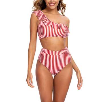 Blooming Jelly Womens High Waisted Swimsuit Two Piece One Shoulder Ruffle Striped Bikini Bathing Suits(S,Red-Striped)