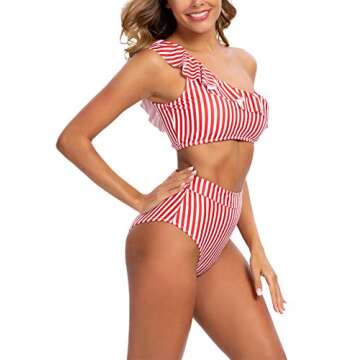 Blooming Jelly Womens High Waisted Swimsuit Two Piece One Shoulder Ruffle Striped Bikini Bathing Suits(S,Red-Striped)