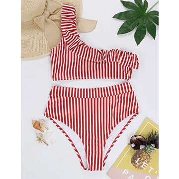 Blooming Jelly Womens High Waisted Swimsuit Two Piece One Shoulder Ruffle Striped Bikini Bathing Suits(S,Red-Striped)