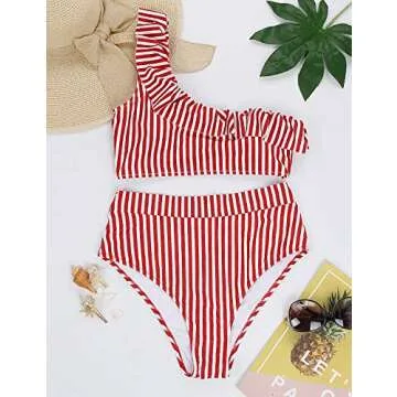 Blooming Jelly Womens High Waisted Swimsuit Two Piece One Shoulder Ruffle Striped Bikini Bathing Suits(S,Red-Striped)