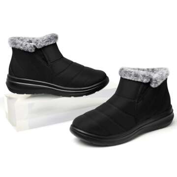 SHIBEVER Winter Waterproof Boots for Women: Snow Women Ankle Black Fur Lined Booties Size 8 Slip On ...