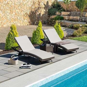 Pamapic Patio Chaise Lounge Set 3 Pieces with Adjustable Backrest and Removable Cushion, Outdoor Pool Chair for Patio Poolside Backyard Porch