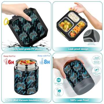 wiwens Bento Lunch Box for Kids with 12oz Soup Thermo Leak-Proof Lunch Food Container with 5 Compartment Thermo Hot Food Jar and Insulated Lunch Bag for Kid Toddler Girls Boys to School