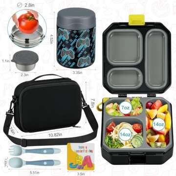 wiwens Bento Lunch Box for Kids with 12oz Soup Thermo Leak-Proof Lunch Food Container with 5 Compartment Thermo Hot Food Jar and Insulated Lunch Bag for Kid Toddler Girls Boys to School