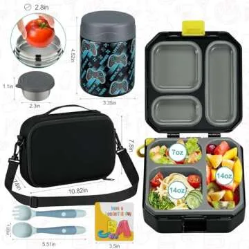 wiwens Bento Lunch Box for Kids with 12oz Soup Thermo Leak-Proof Lunch Food Container with 5 Compartment Thermo Hot Food Jar and Insulated Lunch Bag for Kid Toddler Girls Boys to School