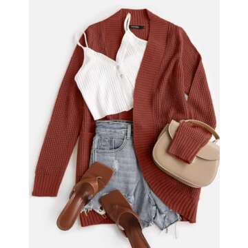 ZESICA Women's Fall Winter Long Sleeve Open Front Casual Lightweight Soft Knit Cardigan Sweater Outerwear,Rust,Small