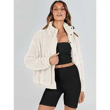 ANRABESS Womens Fleece Jacket Casual Long Sleeve Cropped Sherpa Button Down Fuzzy Warm Coats Fall Outwear With Pockets Beige Large