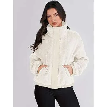ANRABESS Womens Fleece Jacket Casual Long Sleeve Cropped Sherpa Button Down Fuzzy Warm Coats Fall Outwear With Pockets Beige Large