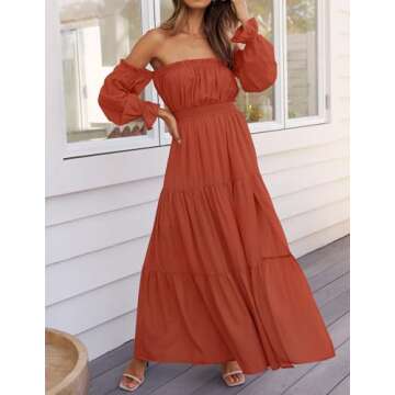 ZESICA Women's 2024 Boho Sexy Off Shoulder Long Sleeve Smocked High Waist Side Split Flowy A Line Tiered Long Maxi Dress,Rust,Large