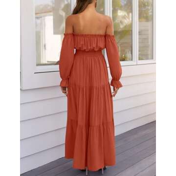 ZESICA Women's 2024 Boho Sexy Off Shoulder Long Sleeve Smocked High Waist Side Split Flowy A Line Tiered Long Maxi Dress,Rust,Large