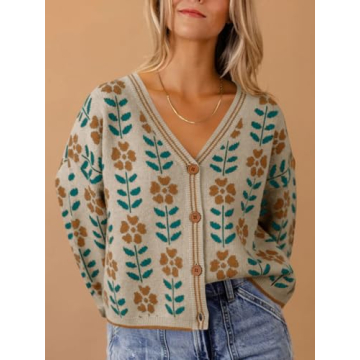 Saodimallsu Womens Floral Print V Neck Cardigan Open Front Button Down Knit Sweater Long Sleeve Loose Fashion Tops Apricot