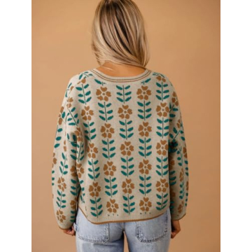 Saodimallsu Womens Floral Print V Neck Cardigan Open Front Button Down Knit Sweater Long Sleeve Loose Fashion Tops Apricot