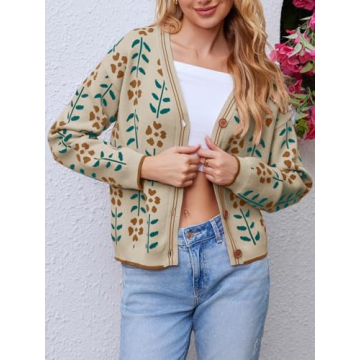Saodimallsu Womens Floral Print V Neck Cardigan Open Front Button Down Knit Sweater Long Sleeve Loose Fashion Tops Apricot