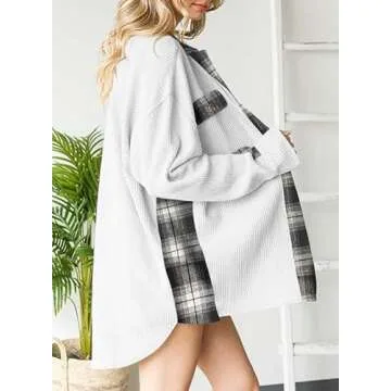 SHEWIN Womens Waffle Knit Shacket Button-Down Shirt Jacket Plaid Shirt Blouses Loose Long Sleeve Tops 2024 Fall Fashion Outfits White M