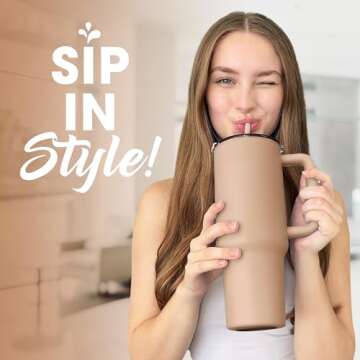 osse 40oz Tumbler with Handle and Straw Lid | Double Wall Vacuum Reusable Stainless Steel Insulated Water Bottle Travel Mug Cup | Modern Insulated Tumblers Cupholder Friendly (Mocha 2)