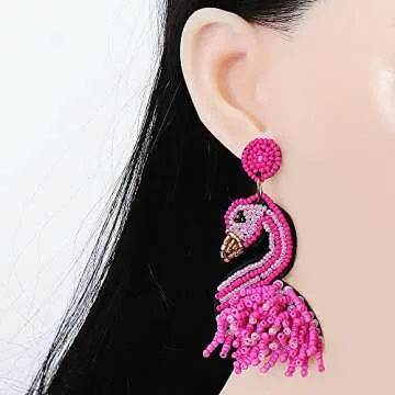 Handmade Flamingo Lobster Beaded Drop Dangle Earrings Beads Tassel Alpaca for Women Cute Animal Christmas Xmas New Year Party Jewelry-Flamingo A