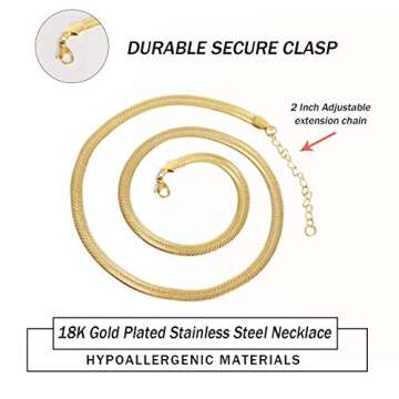 EMATU 18k Real Gold Plated Flat Snake Chain Herringbone Choker Necklace for Women (5MM 18")