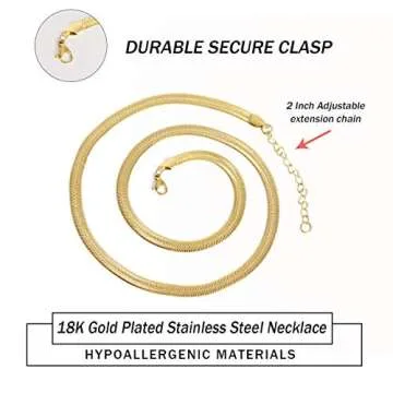 EMATU 18k Real Gold Plated Flat Snake Chain Herringbone Choker Necklace for Women (5MM 18")