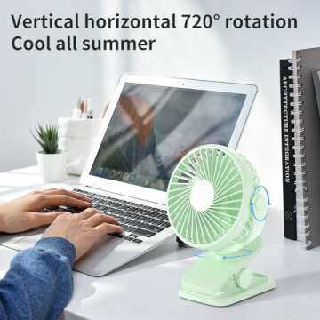 BDXXJ Portable Clip on Fan, 360° Rotate Battery Operated Stroller Fan, 3 Speed Quiet Mini Personal Desk Fan, USB Rechargeable Clooing Fan for Outdoor Camping Golf Cart Stroller Home Office Green