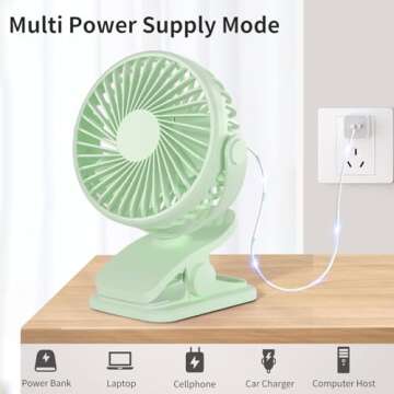 BDXXJ Portable Clip on Fan, 360° Rotate Battery Operated Stroller Fan, 3 Speed Quiet Mini Personal Desk Fan, USB Rechargeable Clooing Fan for Outdoor Camping Golf Cart Stroller Home Office Green